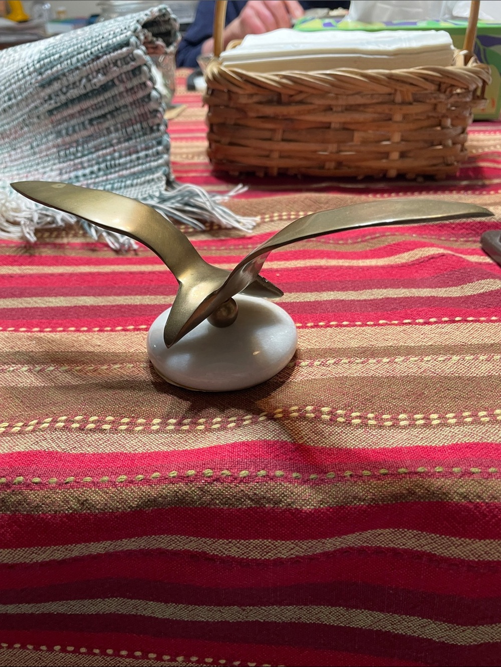 Brass Seagull Sculptural Accent on White Stone Base - Brass